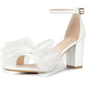 Bow Tie Ankle Strap Chunky High Heels White Sandals